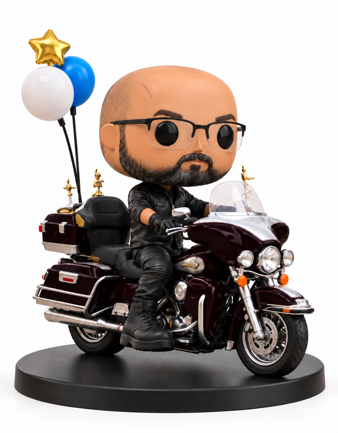 Projeto de miniatura personalizada de um motociclista em sua moto bordô